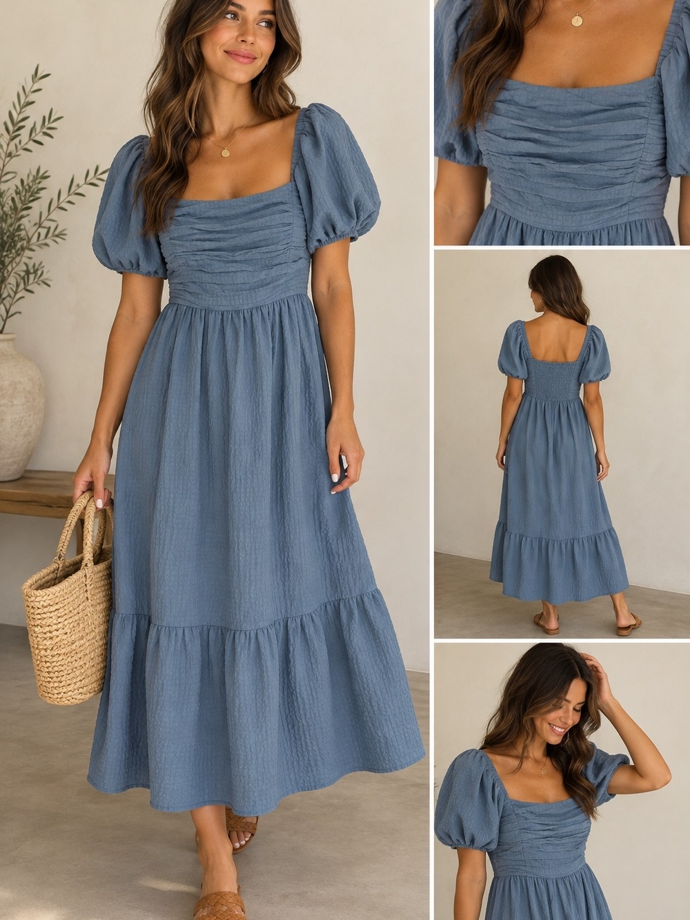 Abercrombie & Fitch Textured Square Neck Maxi Dress – Blue | Large Tall